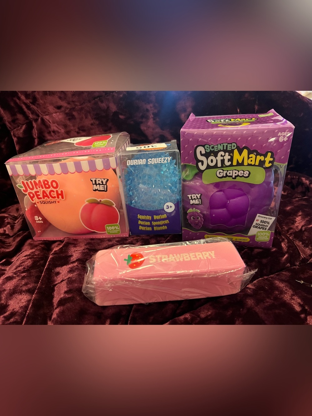 4Pc Jumbo Squishy Lot Jumbo Peach Jumbo
Grape & Durian Butter Squishy Toys